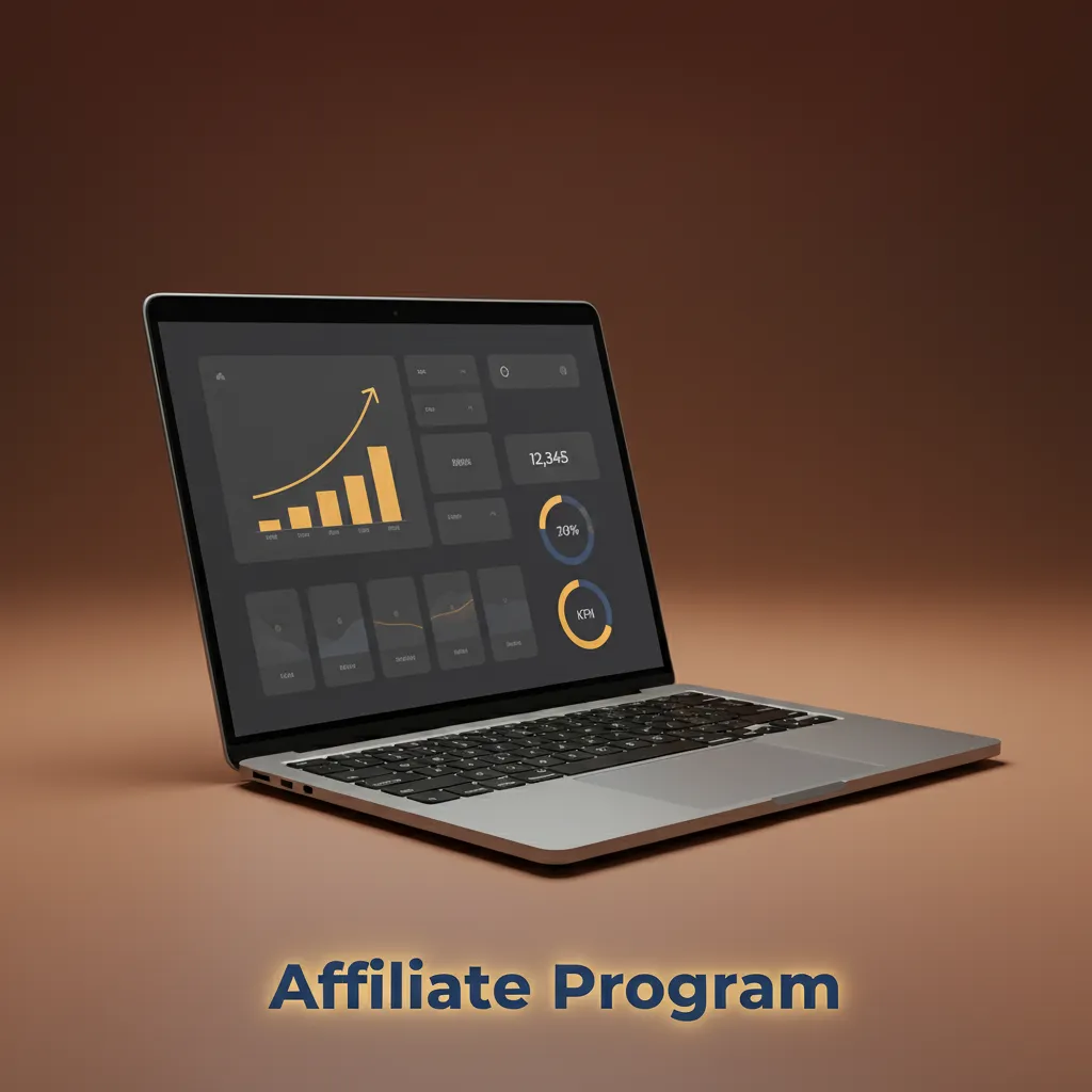 Affiliate program graphic showing tracked links, revenue share/CPA models, and tiered commissions for referrals.