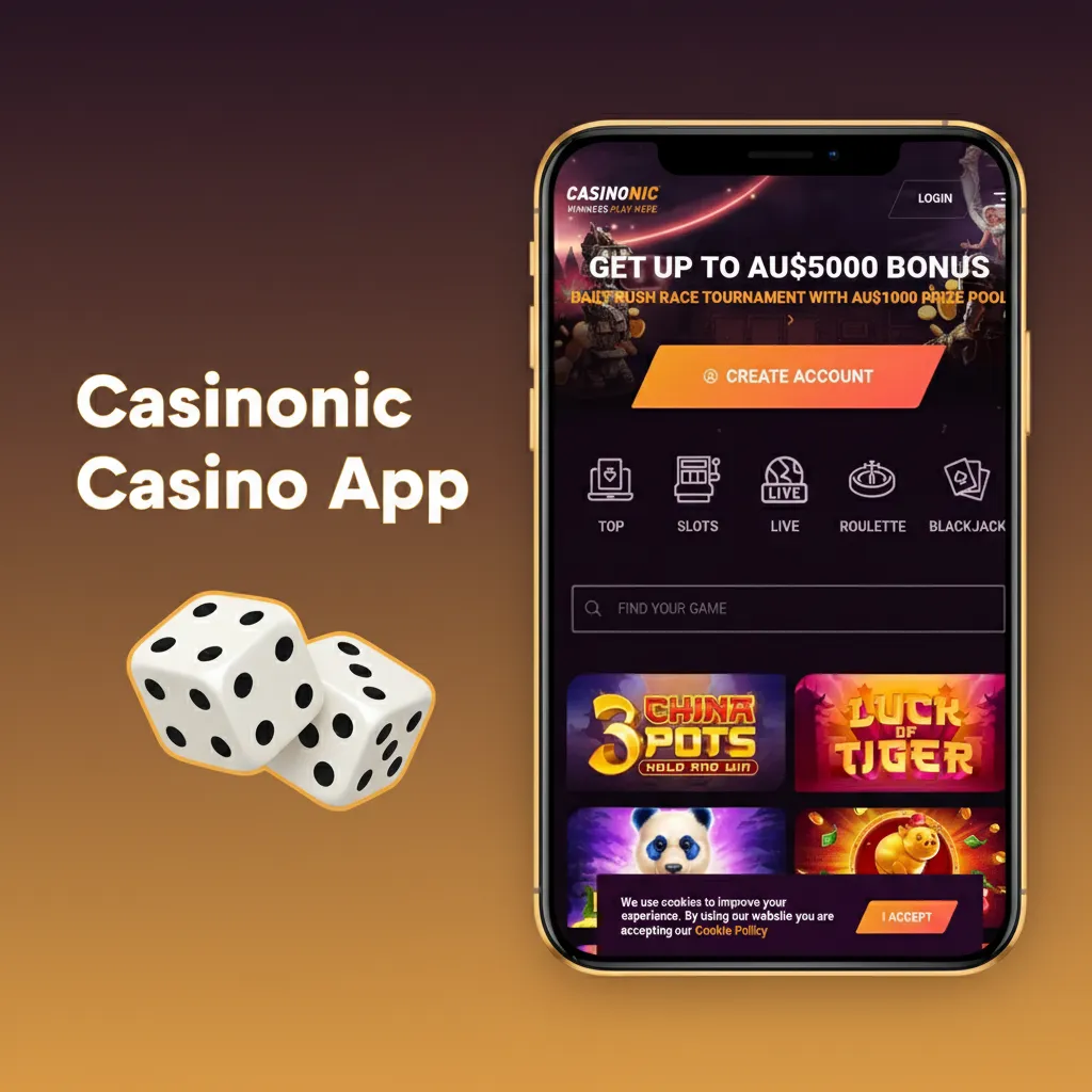 Casinonic app home screen with Casino and Sports tabs, pokies, table games, live events, and promos with free spins.