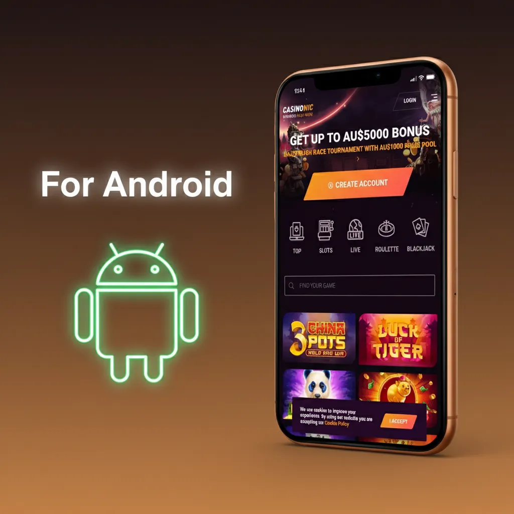 Android phone showing Chrome Add to Home screen flow for PWA: open site, add icon, launch, allow notifications; no APK needed