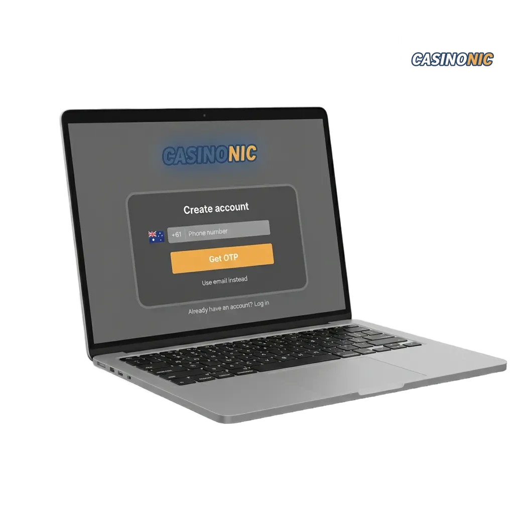 Casinonic Australia sign-up: phone, email, social, one-click; deposit, bet, withdraw; up to €1200 welcome bonus.