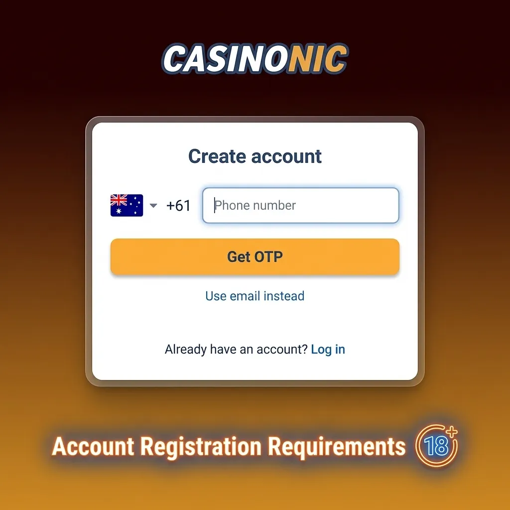 Australian gambling account registration form showing age verification and identity requirements for players 18+