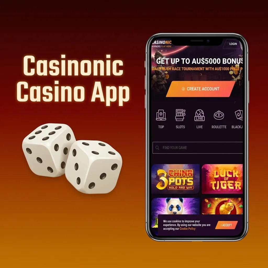 Casinonic Casino App interface showing slots, table games, and live dealer options with quick navigation features