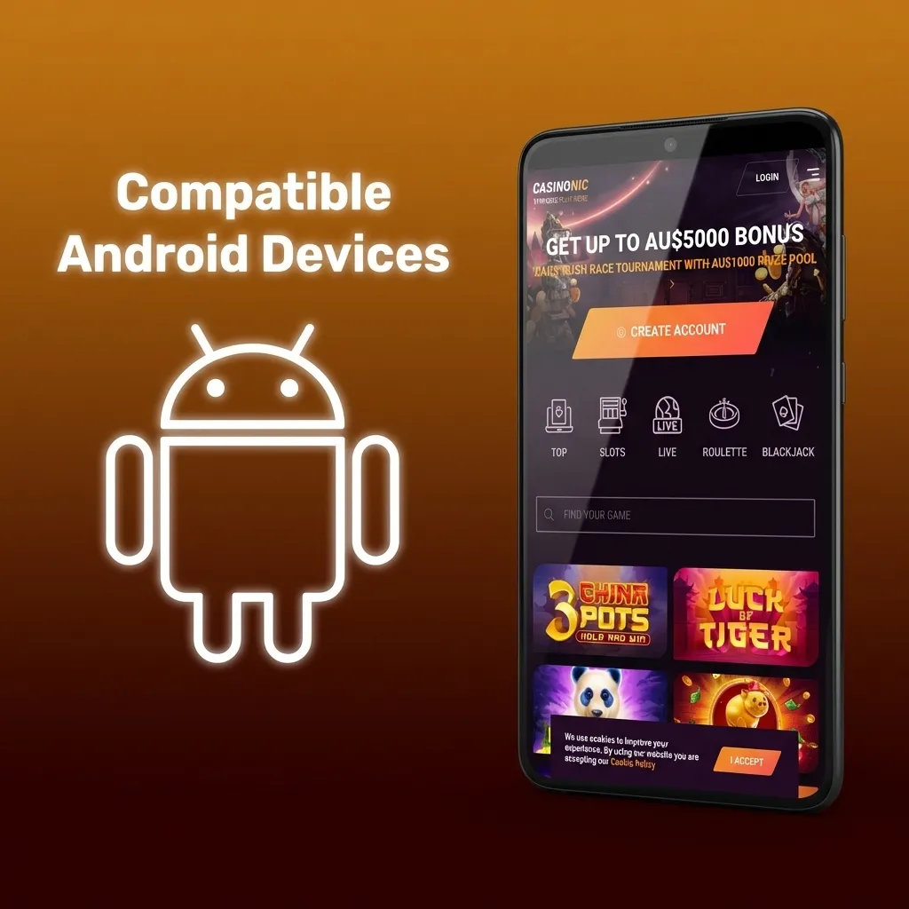 Casinonic app compatible with popular Android devices including Samsung Galaxy, Google Pixel, Oppo, Xiaomi, OnePlus, and more.