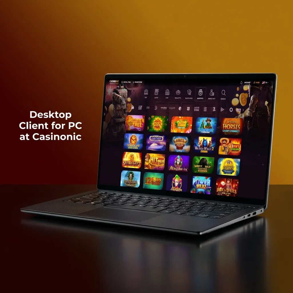 Casinonic desktop interface showing browser-based casino platform with game categories and login options for PC users