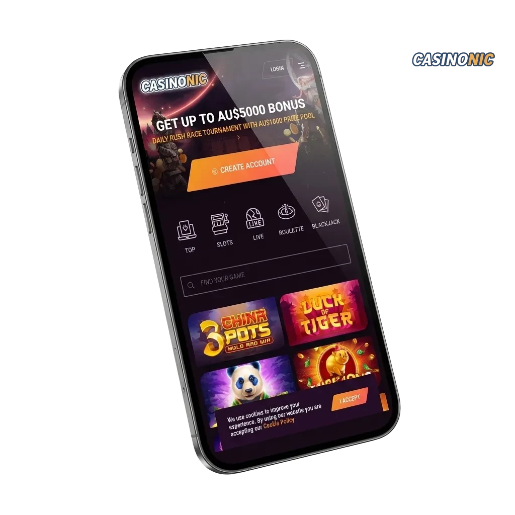 Casinonic mobile app interface showing casino games and sports betting options for Android and iOS devices