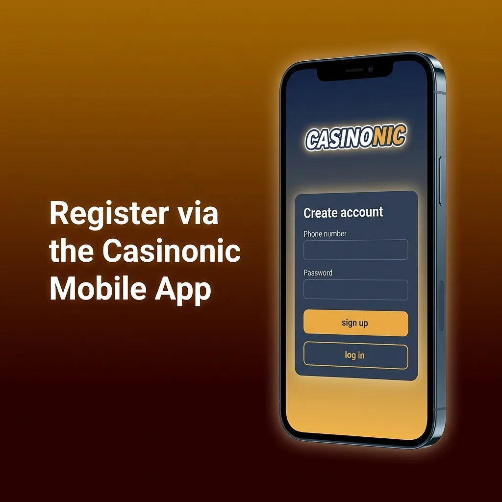 Casinonic mobile app registration screen showing sign-up options including email, phone, social media, and one-click methods.