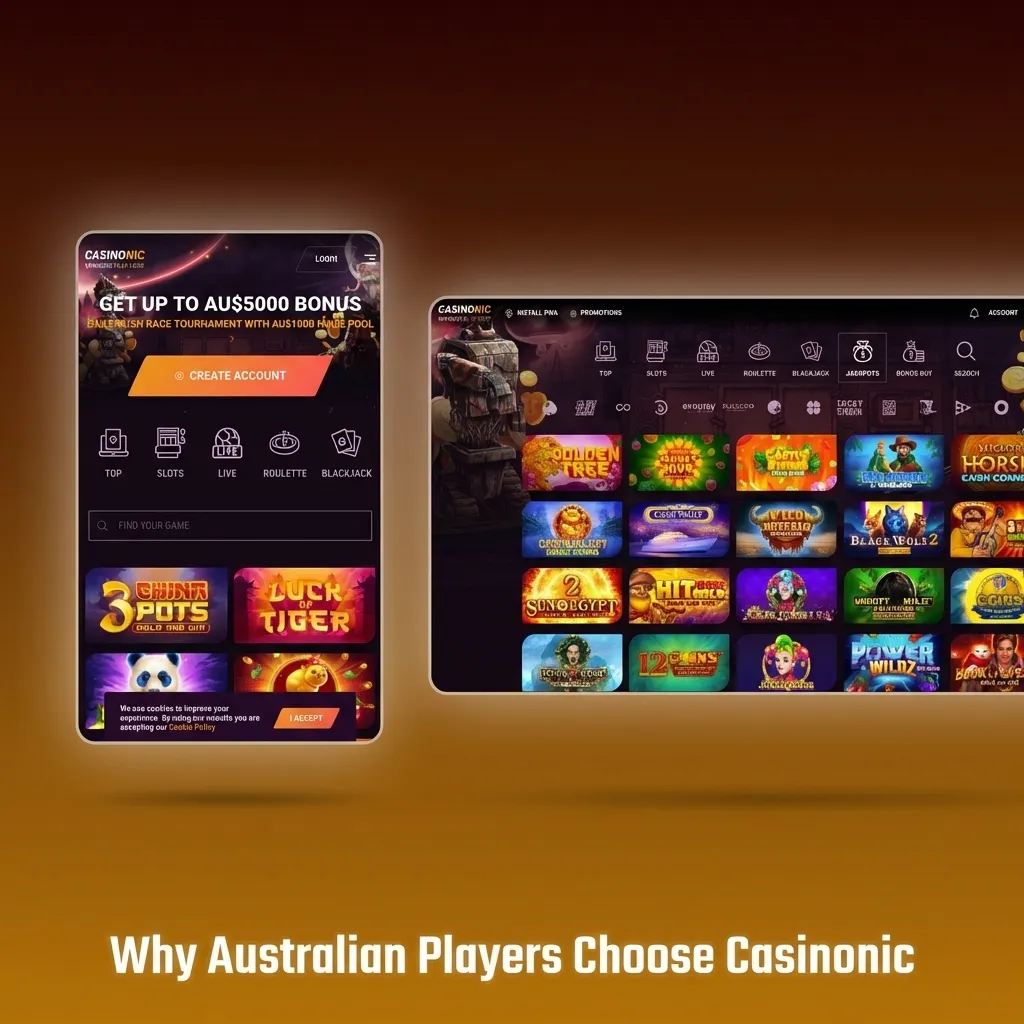 Australian players enjoying Casinonic's AUD support, local payments, mobile gaming, and extensive pokie library benefits